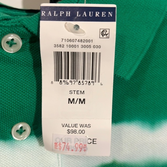 NWT Rare Polo Ralph Lauren Dip Dyes Green & White Stripe Polo Shirt Medium - Picture 4 of 9